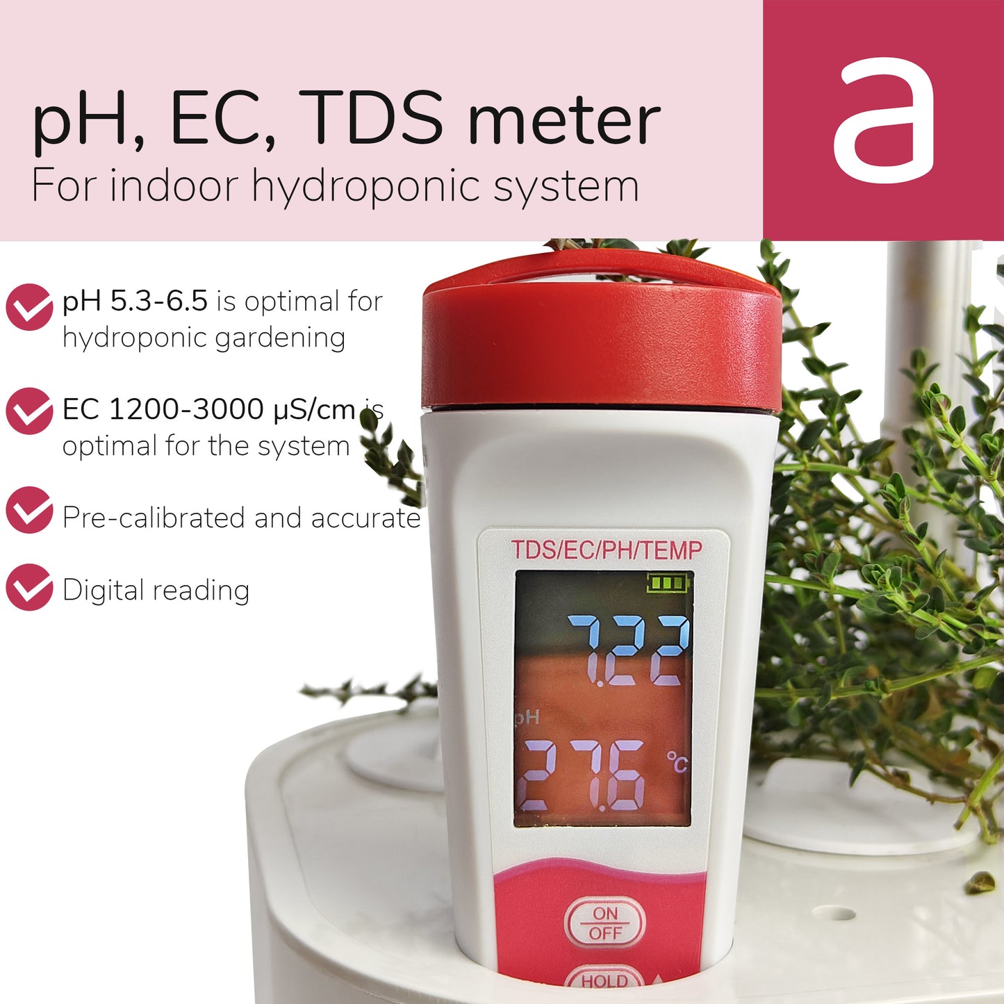pH TDS EC Meter for indoor hydroponic garden