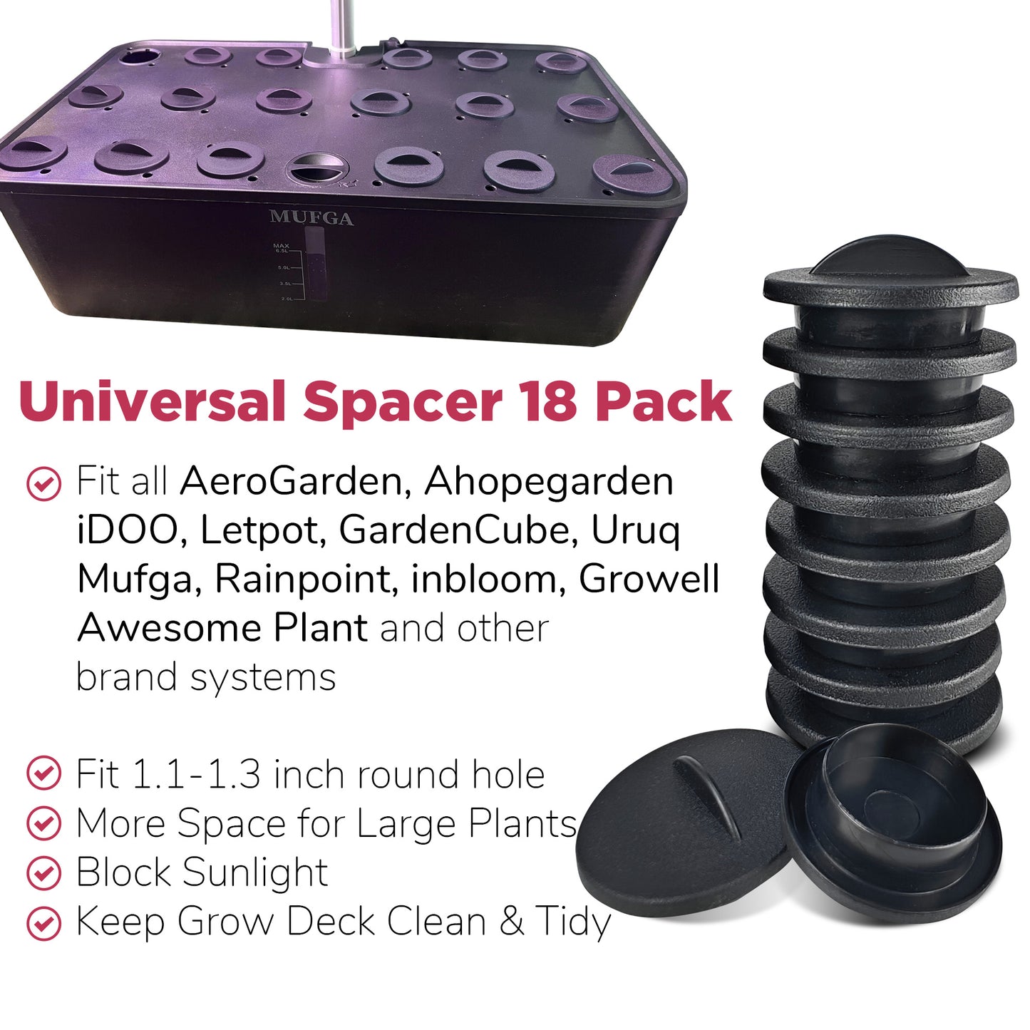 18 Pcs Universal Plant Spacer for Indoor Hydroponic Garden, Black